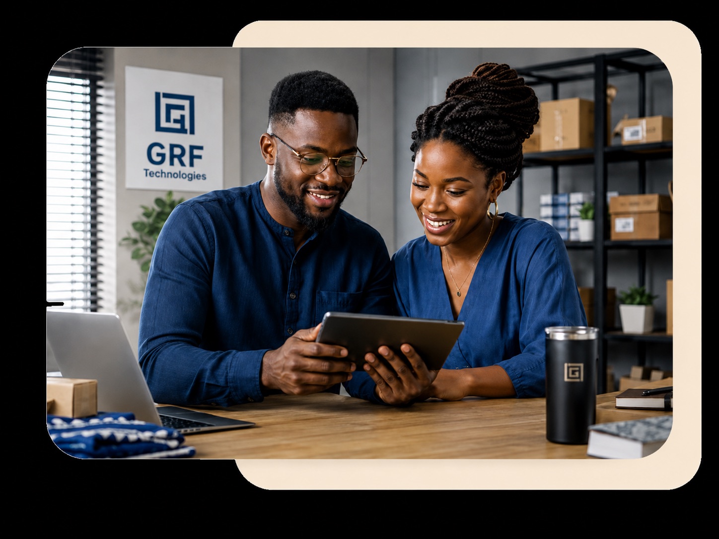 Business partners reviewing their Trexo savings round on a tablet